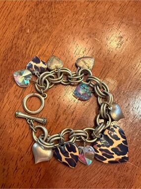 authentic vintage Betsey Johnson Leopard Heart Locket & Crystal Charm Bracelet.